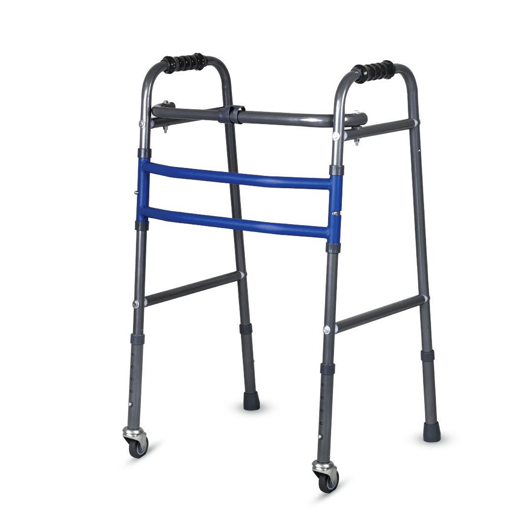 Medipedic Walker with Rotating Castor - Double Bar for Physically Challenged | Mild Steel | Foldable | Light Weight & Adjustable Height (Grey)