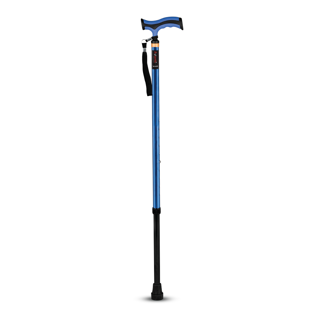 Avanti Plus - T Shape Aluminum Single Stick | Lightweight Walking Stick | Adjustable Height | Big Shoe for Better Grip (Blue)