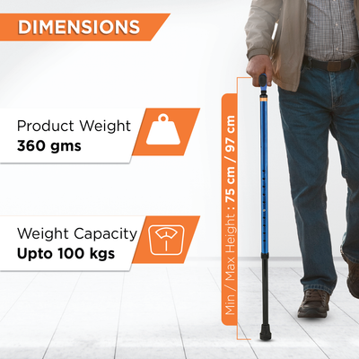 Avanti Plus - T Shape Aluminum Single Stick | Lightweight Walking Stick | Adjustable Height | Big Shoe for Better Grip (Blue)