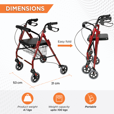 Dura Rollator Walker (Aluminium) With Seat & Basket | Foldable | Weight Bearing Capacity 120kg (Maroon)