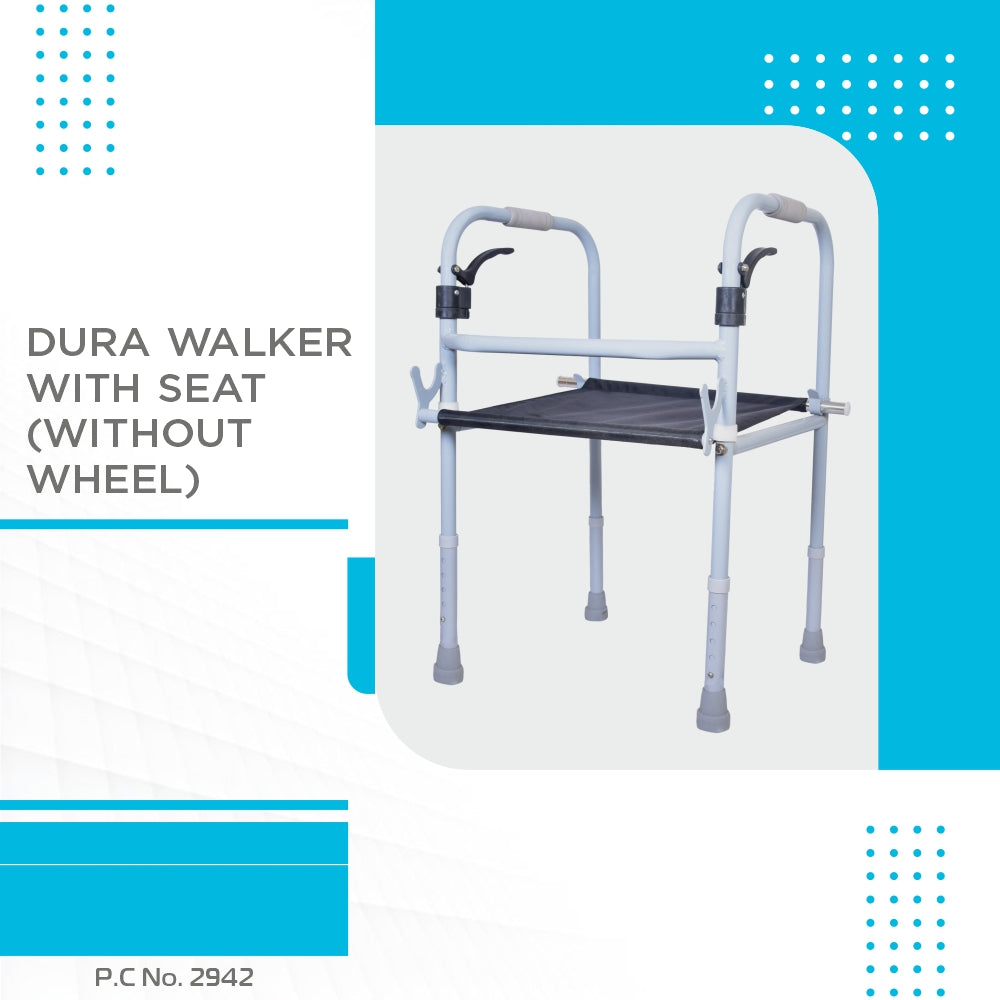 Dura Step Walker with Seat | Foldable Walking Aid | Adjustable Height | Light Weight | With Premium Grade Rubber Shoes and PVC Grip (Grey)