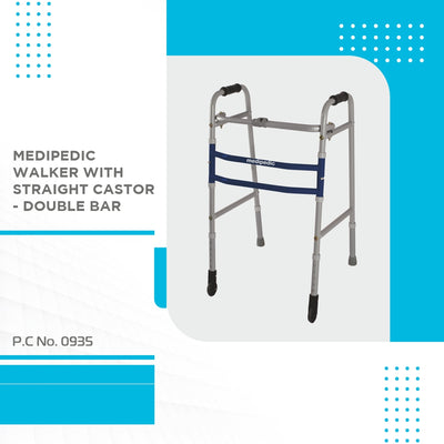 Medipedic Walker with Straight Castor - Single Bar for Physically Challenged | Mild Steel | Foldable | Light Weight & Adjustable Height (Grey) - Vissco Next