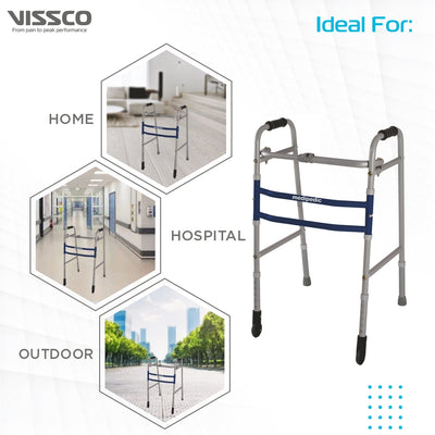 Medipedic Walker with Straight Castor - Single Bar for Physically Challenged | Mild Steel | Foldable | Light Weight & Adjustable Height (Grey) - Vissco Next