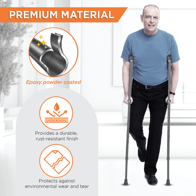 Astra Under Arm Crutches | Adjustable Elbow Support & Height | Light Weight | PVC grip Handle (1 Pair) | Color (Grey)