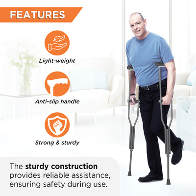 Astra Under Arm Crutches | Adjustable Elbow Support & Height | Light Weight | PVC grip Handle (1 Pair) | Color (Grey)