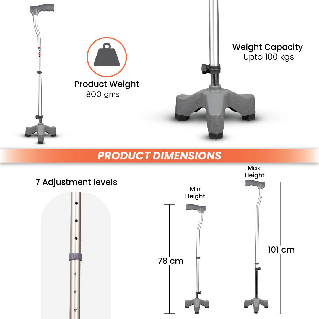 Avanti L Shape Tripod Stick for Physically Challeged | Light Weight & Adjustable Height (Grey)