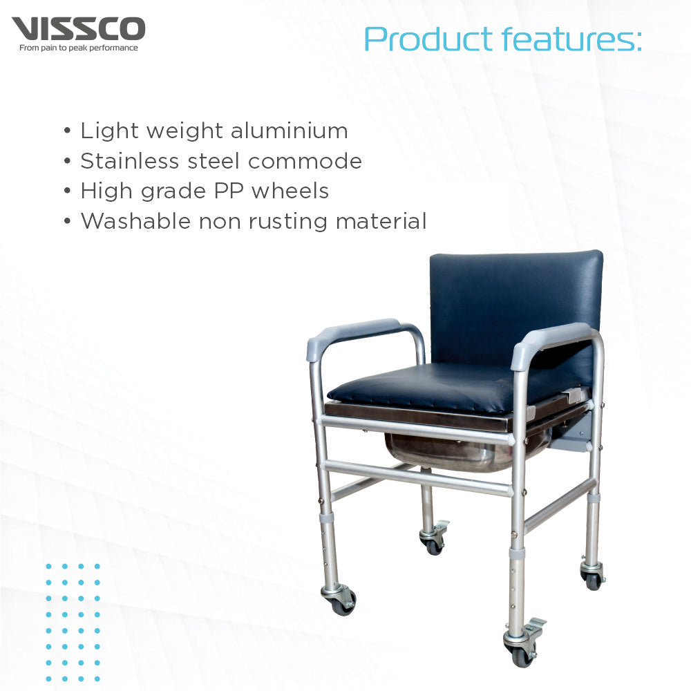 Comfort Commode with Fixed Back Rest & Adjustable Height | Light Weight Aluminium Chair | High Grade Plastic Wheels (Silver)