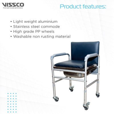 Comfort Commode with Fixed Back Rest & Adjustable Height | Light Weight Aluminium Chair | High Grade Plastic Wheels (Silver)