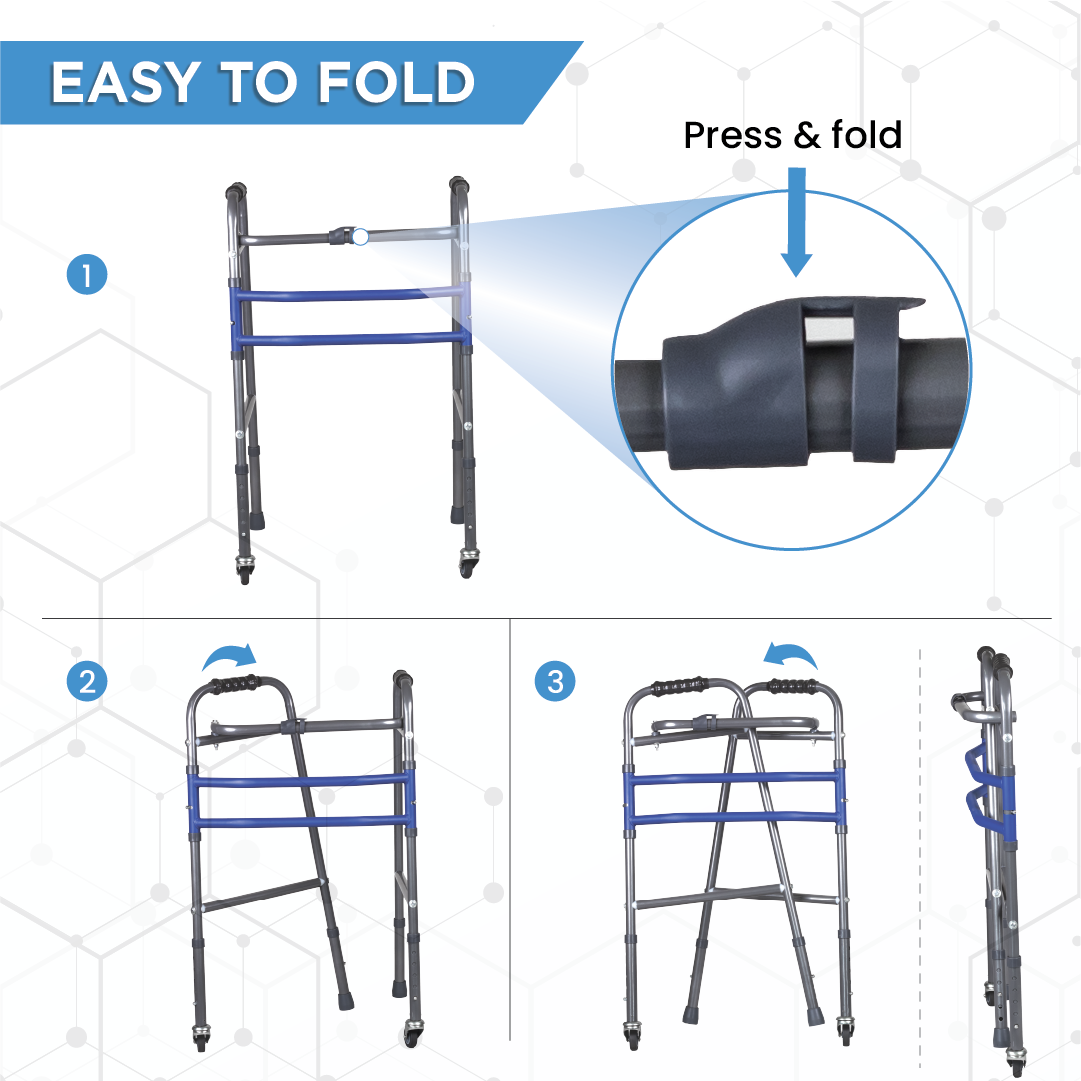 Vissco Medipedic Walker - Double Bar with Rotating Castors | Central Folding