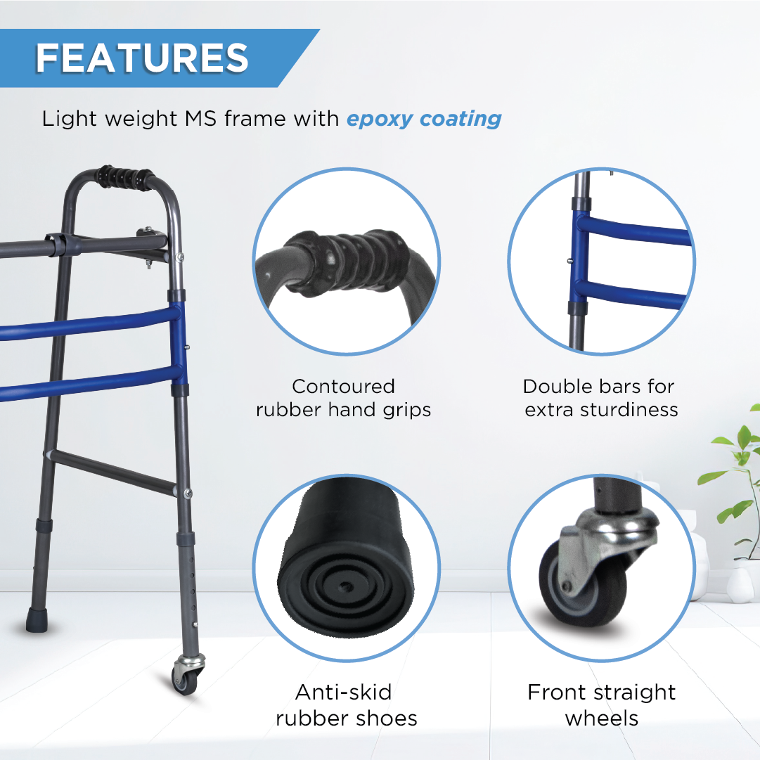 Vissco Medipedic Walker - Double Bar with Rotating Castors | Central Folding