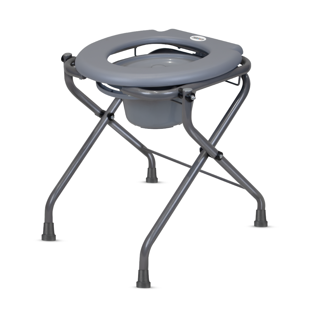 Premium Portable Commode Stool with Attached Bucket, Lightweight, Durable MS Powder-Coated Frame, Easy to Clean, Hygienic, Compact Design, Comfortable PVC Seat - Grey