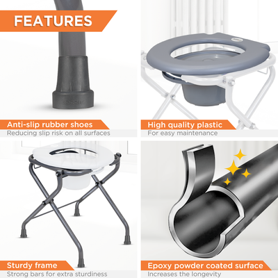 Premium Portable Commode Stool with Attached Bucket, Lightweight, Durable MS Powder-Coated Frame, Easy to Clean, Hygienic, Compact Design, Comfortable PVC Seat - Grey