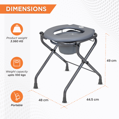 Premium Portable Commode Stool with Attached Bucket, Lightweight, Durable MS Powder-Coated Frame, Easy to Clean, Hygienic, Compact Design, Comfortable PVC Seat - Grey