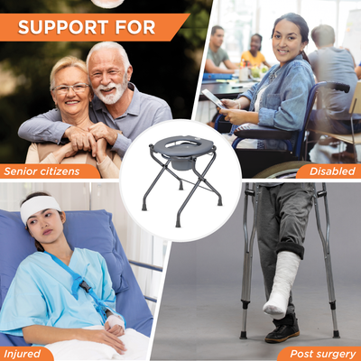 Premium Portable Commode Stool with Attached Bucket, Lightweight, Durable MS Powder-Coated Frame, Easy to Clean, Hygienic, Compact Design, Comfortable PVC Seat - Grey