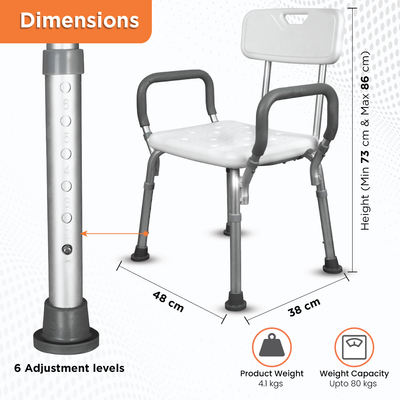 Comfort Shower Chair | With Back & Armrest | Adjustable Height, Light Weight | Made from Aluminum Anti Rusting Material (White & Anodized)