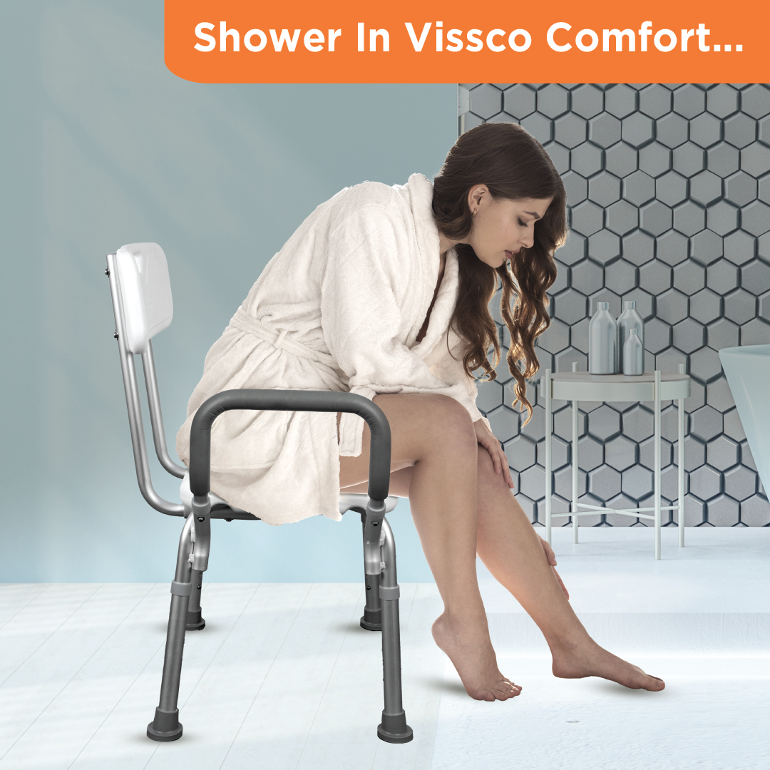 Comfort Shower Chair | With Back & Armrest | Adjustable Height, Light Weight | Made from Aluminum Anti Rusting Material (White & Anodized)