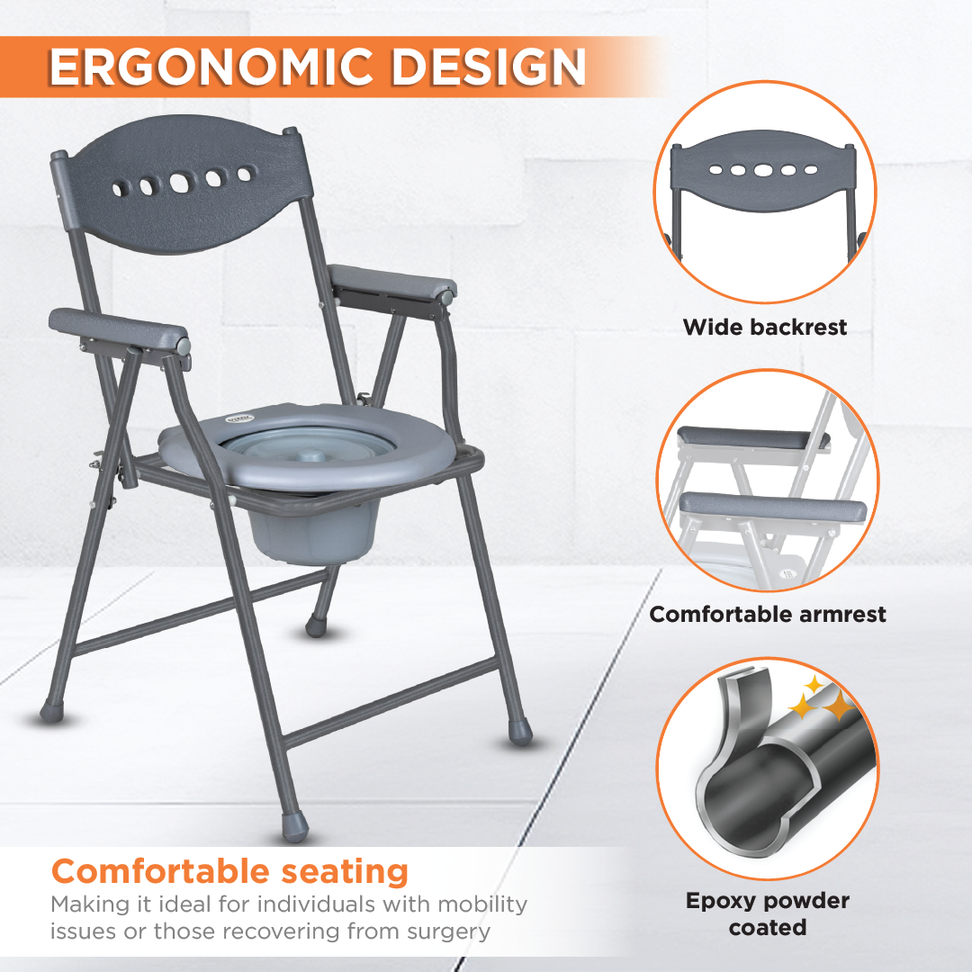 Comfort Steel Folding Commode Chair for Elderly, Patients & Disabled | Height Adjustable, Portable Toilet Chair with Armrest & Non-Slip Legs | Foldable, Pre-Assembled, 80kg Weight Capacity
