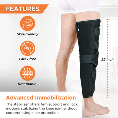 Knee Stabler - Long (22" Brace) |Ideal firm Knee support that limits knee motion & stabilizes the knee with mediolateral metal supports | Color - Black