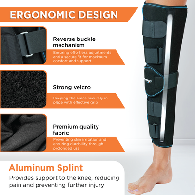 Knee Stabler - Long (22" Brace) |Ideal firm Knee support that limits knee motion & stabilizes the knee with mediolateral metal supports | Color - Black