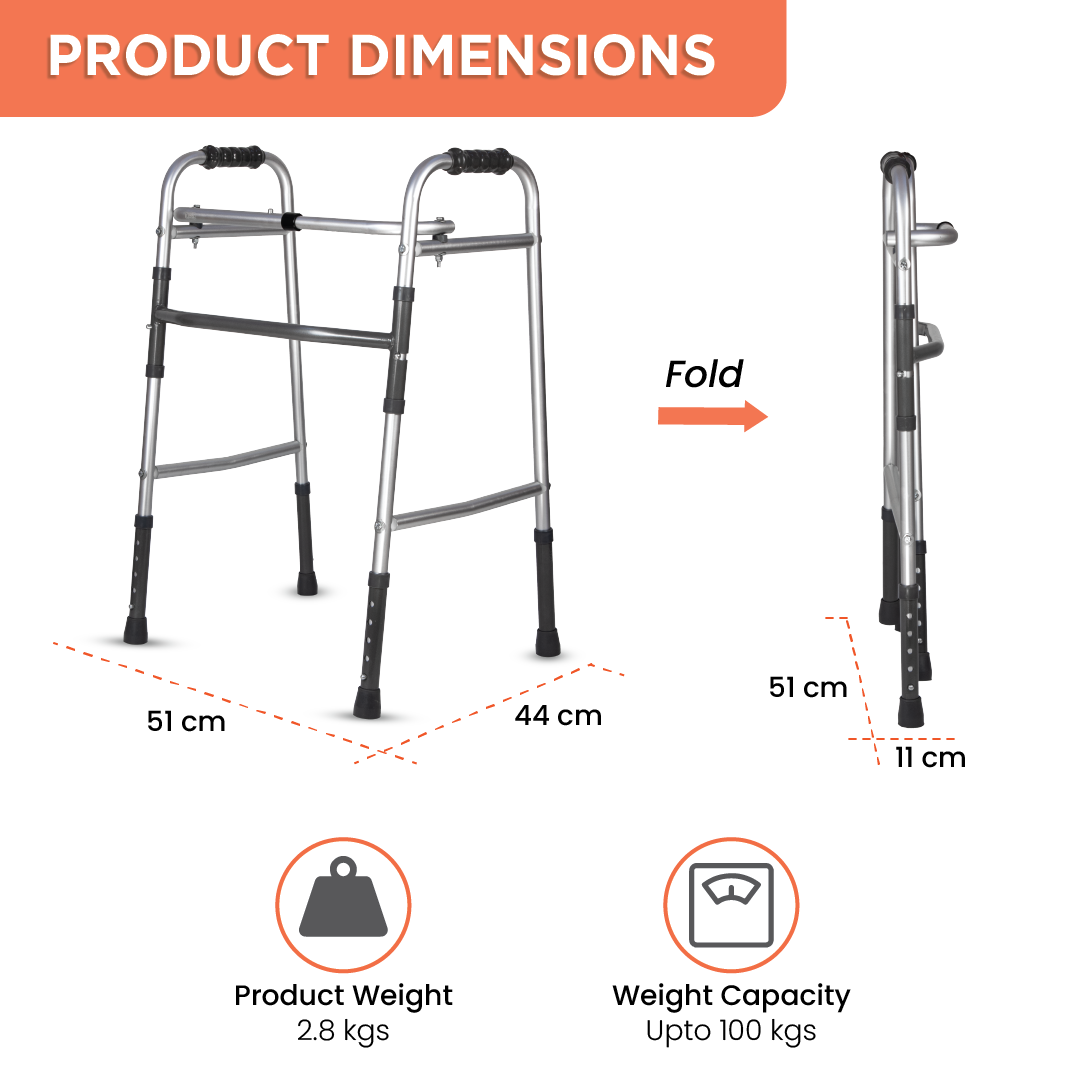 Dura Lite Walker (Aluminium) | Foldable Walking Aid | Adjustable Height | Light Weight | With Premium Grade Rubber Shoes and PVC Grip (Grey)
