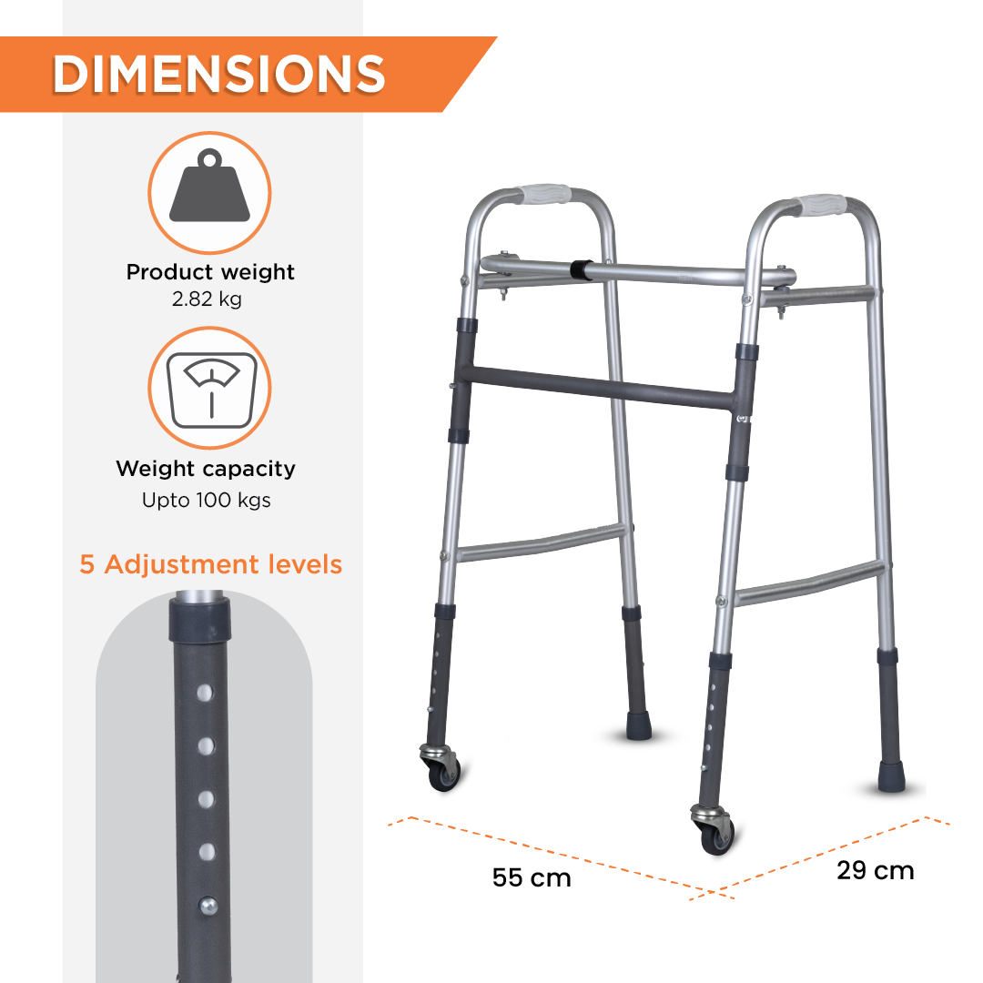 Dura Lite Walker (Aluminium) with Wheels | Foldable Walking Aid | Adjustable Height | Light Weight | With Premium Grade Rubber Shoes and PVC Grip (Grey)