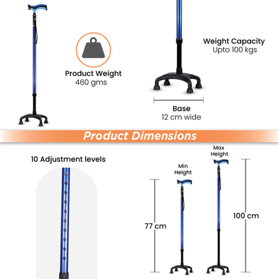 Avanti Plus - T Shape Aluminum Quadripod Stick | Lightweight Walking Stick | Adjustable Height| 4 Legged base (Blue)