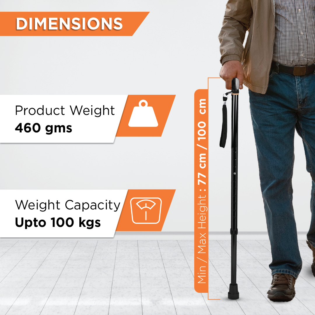 Avanti T Shape Aluminum Walking Stick|Light Weight & Height Adjustable Walking Aid|For Elderly & those Physically Challenged | Durable Soft Rubber Shoes for Grip - Universal (Black)