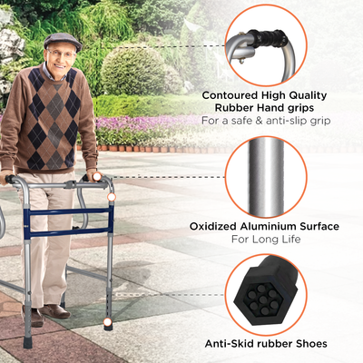 Dura Step Walker (Aluminium) | Foldable Walking Aid | Adjustable Height | Light Weight | With Premium Grade Rubber Shoes and PVC Grip (Grey)