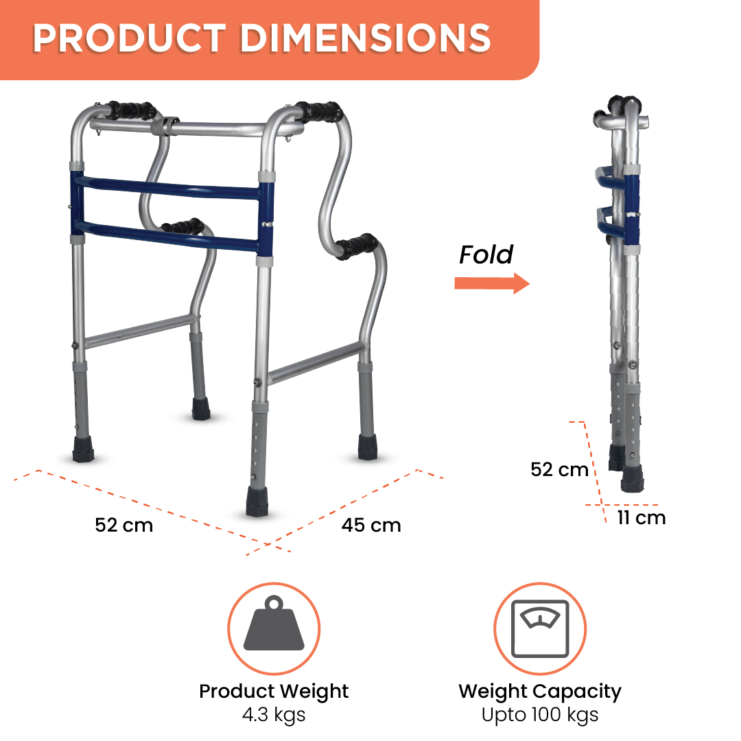 Dura Step Walker (Aluminium) | Foldable Walking Aid | Adjustable Height | Light Weight | With Premium Grade Rubber Shoes and PVC Grip (Grey)
