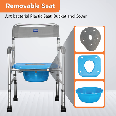 Comfort 3 in 1 Foldable Commode Shower Chair | Bath Aid with Washable Backrest - Without Castor (Grey)