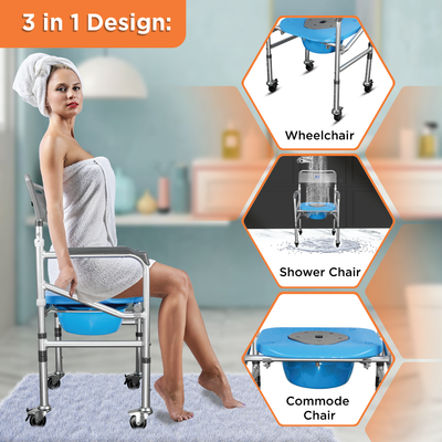 Comfort 3 in 1 Foldable Commode Shower Chair | Bath Aid with Washable Backrest - With Castor (Grey)
