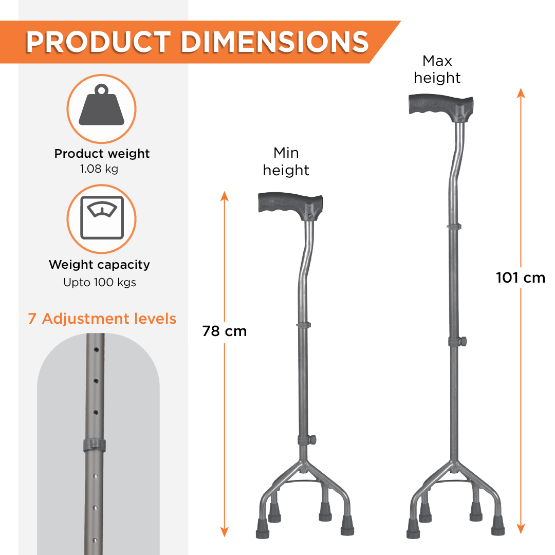 Medipedic Quadripod Powder Coated Stick for Physically Challeged | Light Weight & Adjustable Height (Grey)