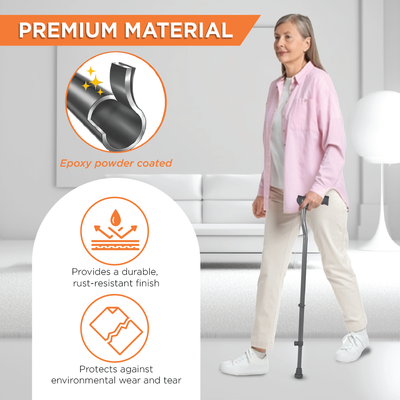 Medipedic Single Powder Coated Stick for Physically Challenged | Light Weight & Adjustable Height (Grey)