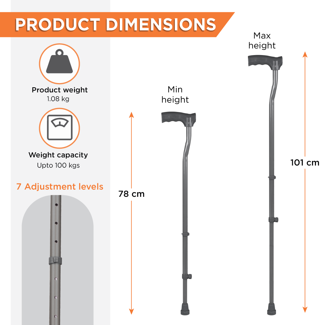 Medipedic Single Powder Coated Stick for Physically Challenged | Light Weight & Adjustable Height (Grey)