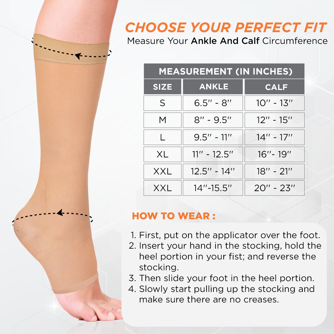 Medical Compression Stocking - Class 2 Knee Length | Mild Support | Improves Blood Circulation | Swollen | Tired | Aching Legs  (Beige)