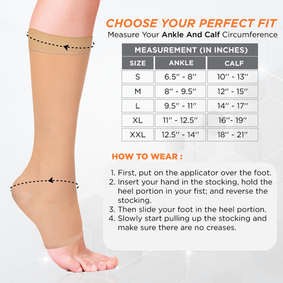 Medical Compression Stocking - Class 2 Knee Length | Mild Support | Improves Blood Circulation | Swollen | Tired | Aching Legs  (Beige)