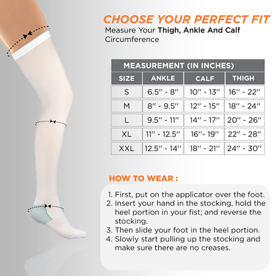 Anti-Embolism - Thigh (Lower Inspection Hole) | Mild Support | Improves Blood Circulation | Put it on for Swollen, Tired, Aching Legs (White)