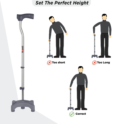 Avanti L Shape Quadripod Stick | Walking Stick with Adjustable Height | Light Weight | 4 Legged Base (Grey)