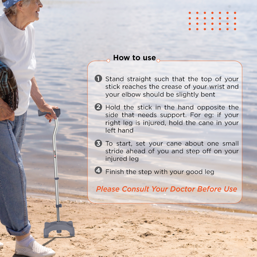 Vissco Avanti Walking Stick - Quadripod, L-Shaped | Aluminum