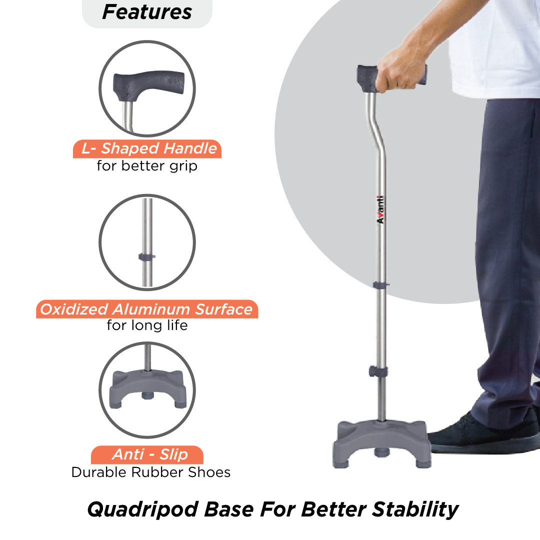 Vissco Avanti Walking Stick - Quadripod, L-Shaped | Aluminum