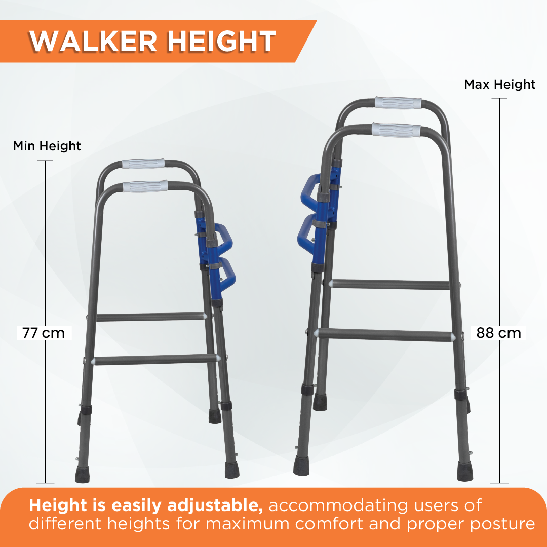 Medipedic Walker Plain with Double Bar | Mild Steel | Foldable | Adjustable Height | Light Weight | Premium Grade Rubber Shoes & PVC Grip (Grey)