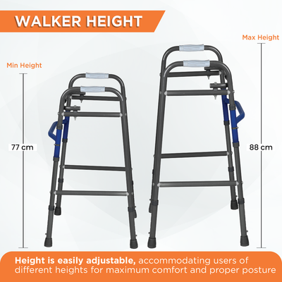 Medipedic Walker Plain with Single Bar | Mild Steel | Foldable | Adjustable Height | Light Weight | Premium Grade Rubber Shoes & PVC Grip (Grey)