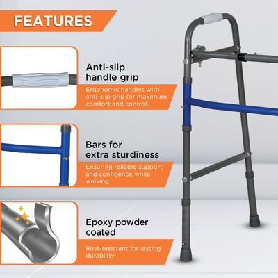Medipedic Walker Plain with Single Bar | Mild Steel | Foldable | Adjustable Height | Light Weight | Premium Grade Rubber Shoes & PVC Grip (Grey)