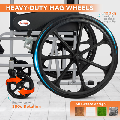 Rodeo Lite Wheelchair for Elderly, Patients & Adults | Foldable Lightweight Wheel Chair with Safety Belt, Flip-Up Footrest & Mag Wheels | 100kg Capacity | Epoxy Coated, Self-Propelled Mobility Aid