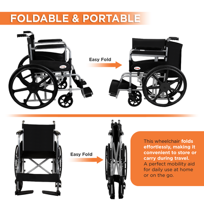 Rodeo Lite Wheelchair for Elderly, Patients & Adults | Foldable Lightweight Wheel Chair with Safety Belt, Flip-Up Footrest & Mag Wheels | 100kg Capacity | Epoxy Coated, Self-Propelled Mobility Aid