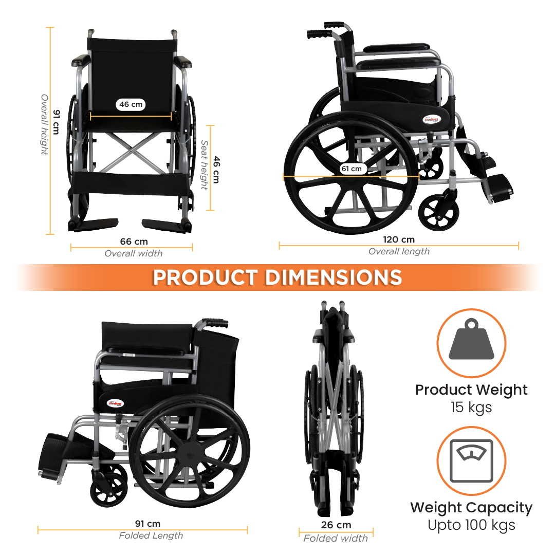 Rodeo Lite Wheelchair for Elderly, Patients & Adults | Foldable Lightweight Wheel Chair with Safety Belt, Flip-Up Footrest & Mag Wheels | 100kg Capacity | Epoxy Coated, Self-Propelled Mobility Aid