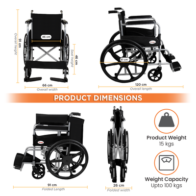 Rodeo Lite Wheelchair for Elderly, Patients & Adults | Foldable Lightweight Wheel Chair with Safety Belt, Flip-Up Footrest & Mag Wheels | 100kg Capacity | Epoxy Coated, Self-Propelled Mobility Aid