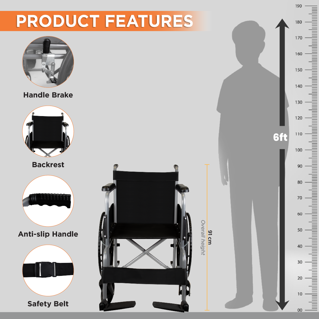 Rodeo Lite Wheelchair for Elderly, Patients & Adults | Foldable Lightweight Wheel Chair with Safety Belt, Flip-Up Footrest & Mag Wheels | 100kg Capacity | Epoxy Coated, Self-Propelled Mobility Aid