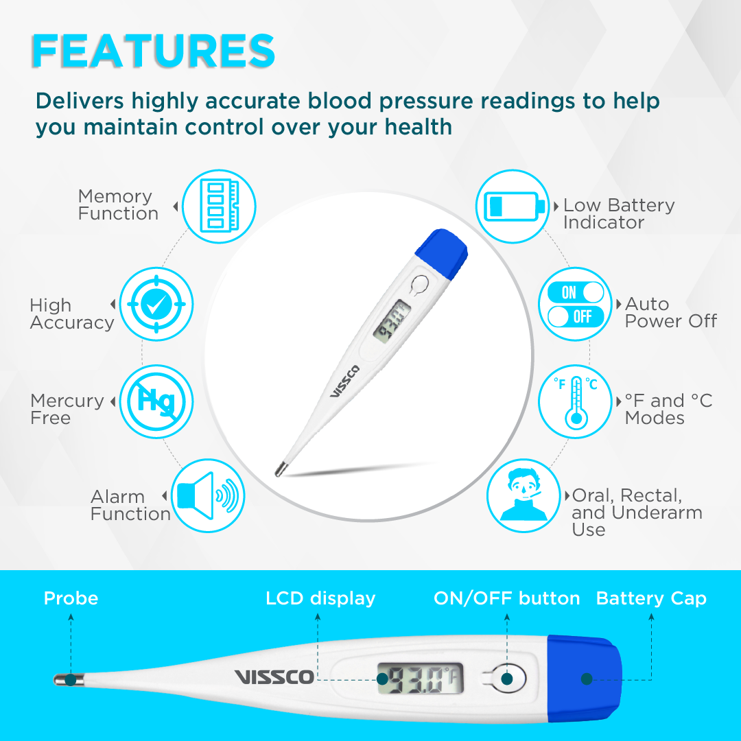 Vissco Digital Thermometer | Mercury-Free, Fast Reading, Fever Alarm, °F/°C Modes, Memory Function, Auto Shut-Off, Low Battery Indicator | Safe for Oral, Rectal & Underarm Use | 2-Year Warranty