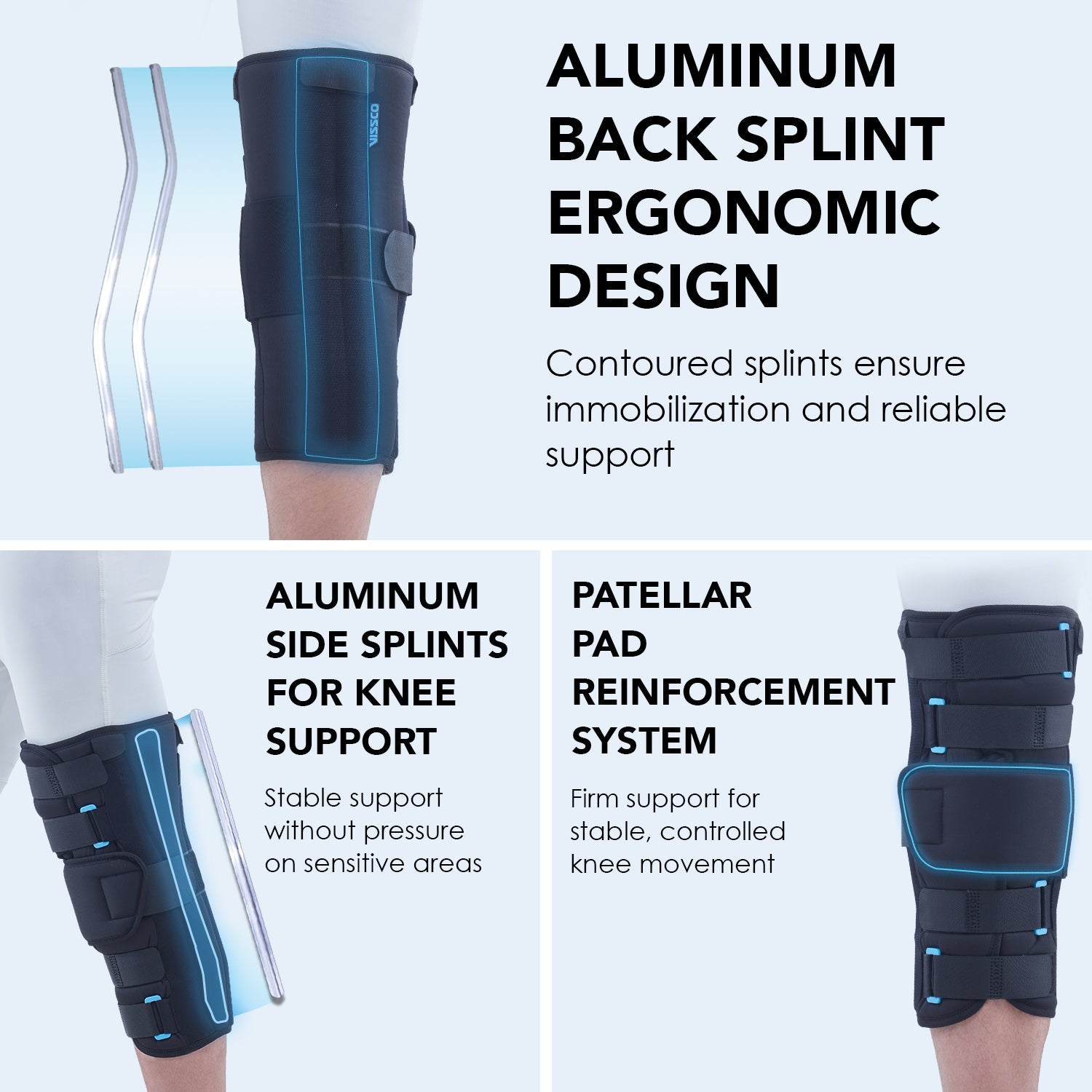 Knee Stabler - Short (14" Brace) | Ideal firm Knee support that limits knee motion & stabilizes the knee with mediolateral metal supports | Color - Black - Vissco Rehabilitation 
